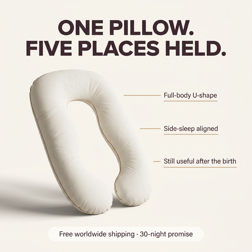 One pillow, five places held — Tendra full-body pregnancy pillow with feature callouts