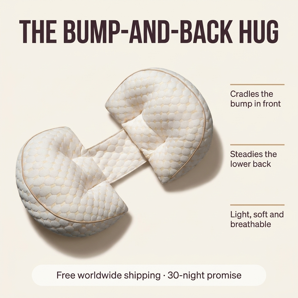 The bump-and-back hug — Tendra pregnancy support pillow with feature callouts