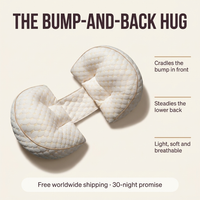 The bump-and-back hug — Tendra pregnancy support pillow with feature callouts
