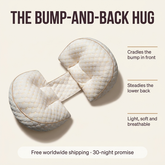 The bump-and-back hug — Tendra pregnancy support pillow with feature callouts