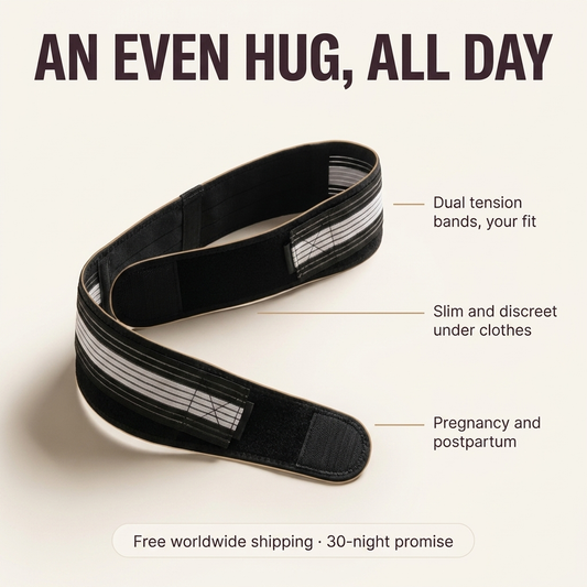An even hug, all day — Tendra pelvic support belt with feature callouts